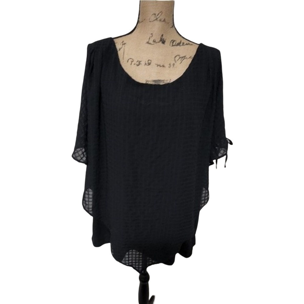 Avenue‎ Black Textured Check Cold Shoulder Tie Sleeve Blouse Size 22/24 NEW